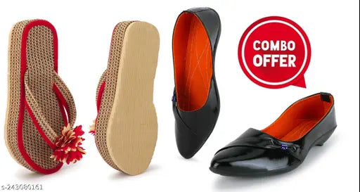 Red jute and black belly knot patent leather slippers, fashionable combo offer for women's daily use and party wear
