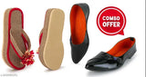Red jute and black belly knot patent leather slippers, fashionable combo offer for women's daily use and party wear