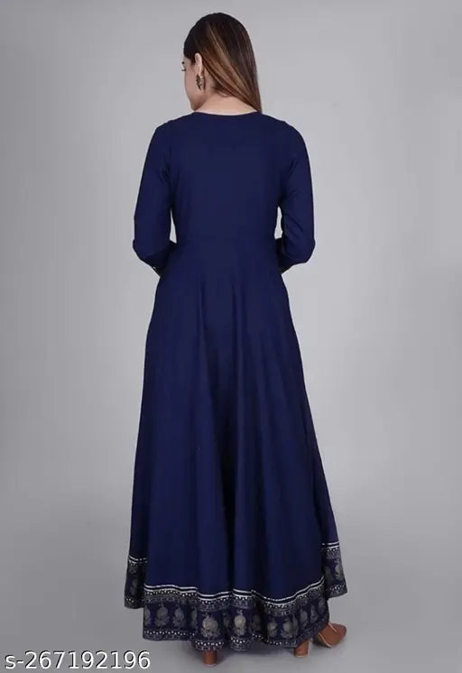 Navy blue embroidered long skirt with side slits