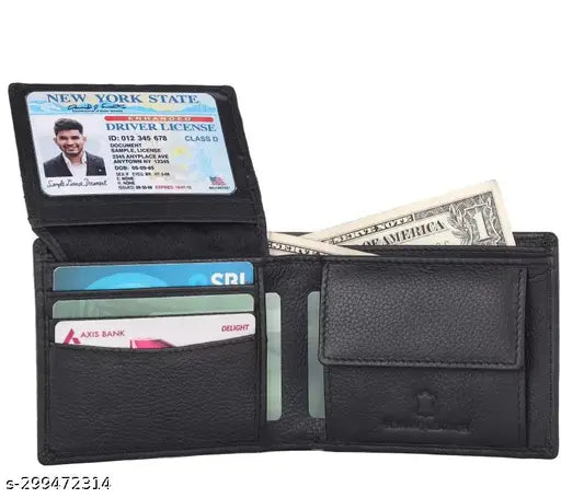 Black pure leather men's wallet with RFID protection, features 2 cash compartments, 6 card slots, hidden pockets, ID slot, and coin pocket. Perfect for Diwali gifts or men's accessories