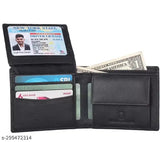Black pure leather men's wallet with RFID protection, features 2 cash compartments, 6 card slots, hidden pockets, ID slot, and coin pocket. Perfect for Diwali gifts or men's accessories