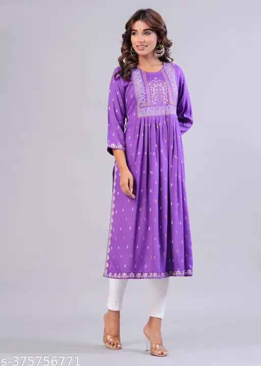 Rayon embroidered kurta for women, three-quarter sleeves, latest Indian fashion trend