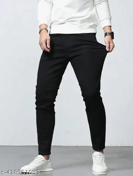 Stylish black denim men's jeans, solid pattern, sizes 26, 28, 30, 32 from India