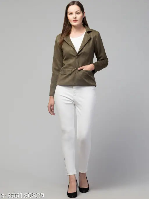 Classic essential linen suede blazer, solid color, polyester fabric, long sleeves, flap pockets, fully lined for comfort, India origin