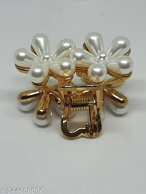 Gold metal flower hair clips, pearl accents