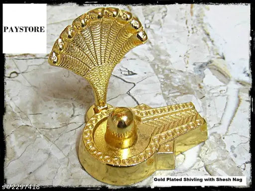 Golden polished brass Shivling (Naag Fun), symbolizing the infinite and absolute reality, attractive mini statue for temple worship