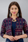 Blue printed rayon Anarkali Kurta with detachable jacket, three-quarter sleeves, features intricate Indian patterns. Women's fashion piece on mannequin showcasing versatile two-piece outfit