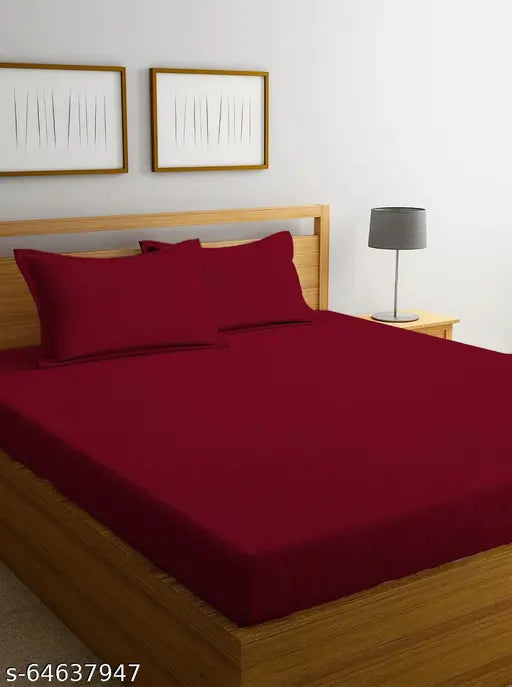 White cotton superfine fitted double bedsheets with 2 pillow covers, glace satin stripes - NEW LEAF