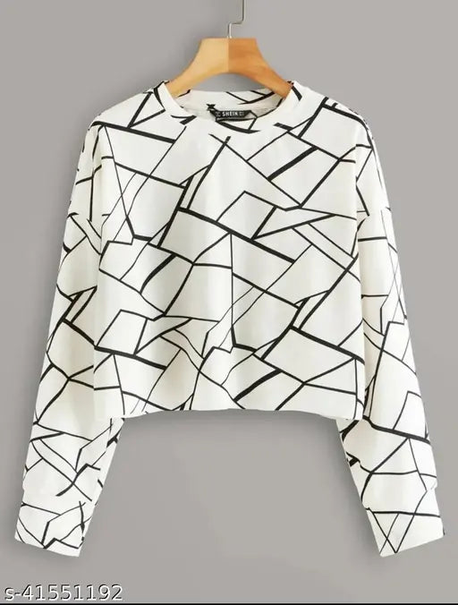 Women's long-sleeve cotton t-shirt with printed net pattern, trendy style from India