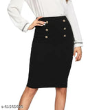 Black cotton-blend bodycon skirt for women, party wear fake button detail, solid black, versatile style