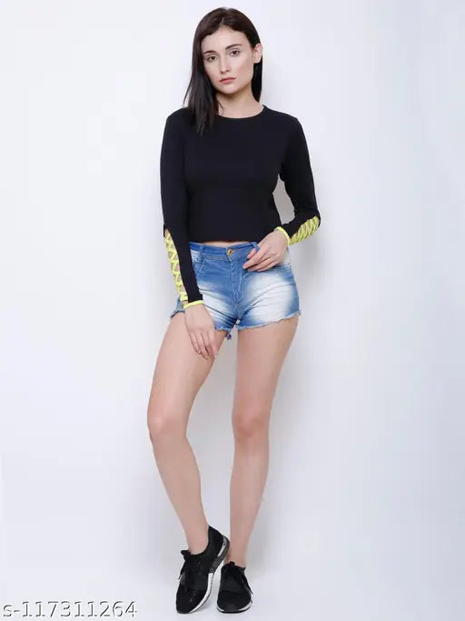 Black cotton women's top, long sleeves, solid design from Marzeni India