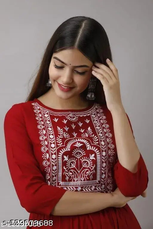 Trendy rayon embroidered gown for girls, three-quarter sleeves, Indian handcrafted partywear
