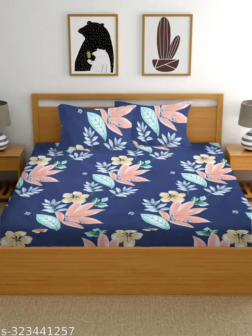 Elastic fitted glace cotton double size bedsheet, floral pattern with two pillow covers, fits 6-inch mattress (CRAFTEAL)