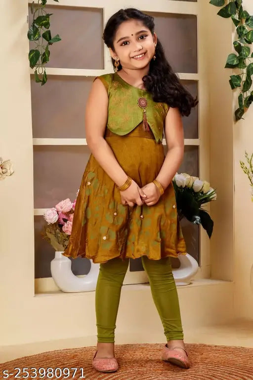 Embellished cotton Burbn kurti set with churidar leggings, perfect for smart casual occasions. Available in yellow, blue, and green sizes for children aged 4-9 years