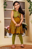 Embellished cotton Burbn kurti set with churidar leggings, perfect for smart casual occasions. Available in yellow, blue, and green sizes for children aged 4-9 years
