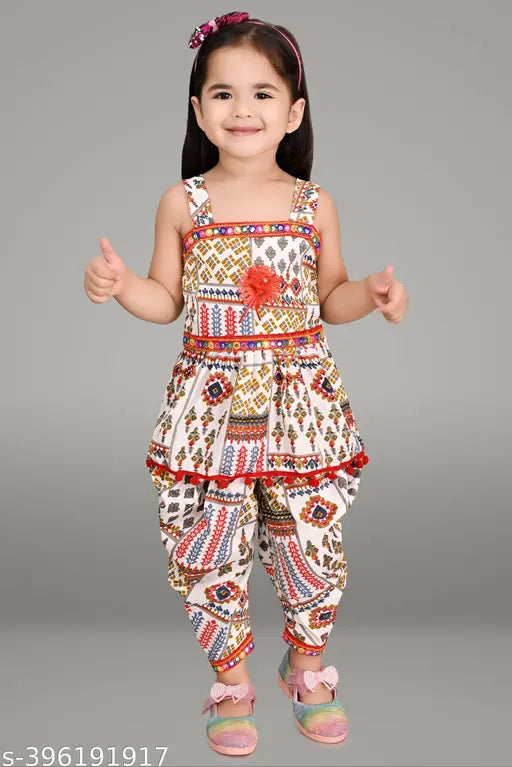 Multicolor printed cotton blend dhoti kurti girls set, self-design A-line top with sleeveless above knee dhoti pants