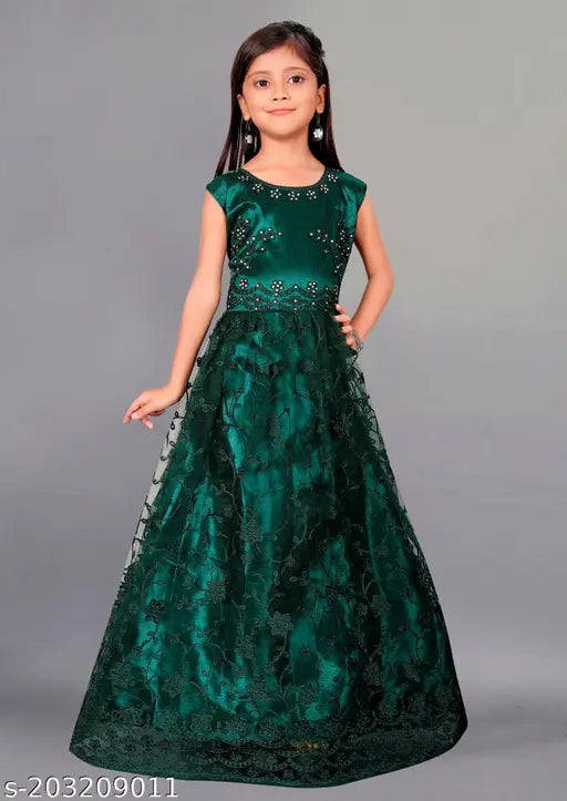 Apnisha girls net embroidered gown dress, sleeveless, 2m flared, hand washable or dry clean, India origin