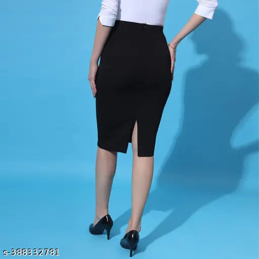 Women's solid polyester stretchable pencil skirt, available in sizes 26-34, ideal for formal occasions