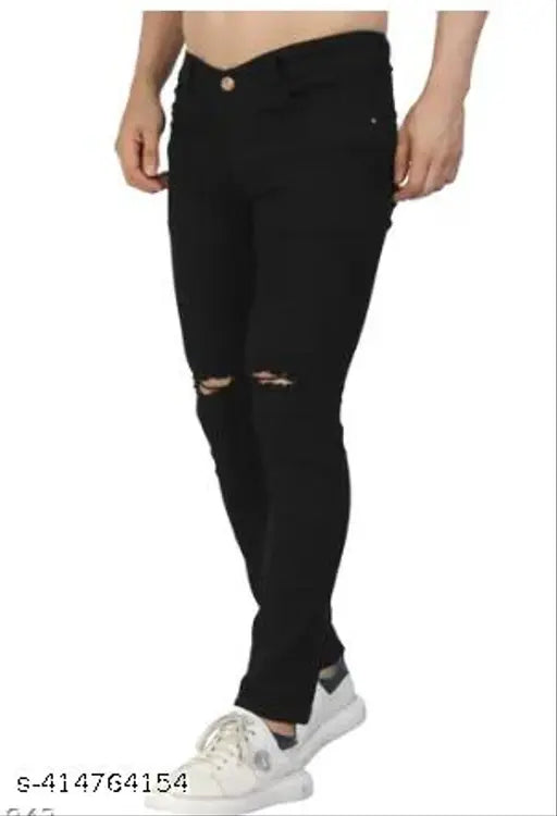 Blue denim knee cut jeans