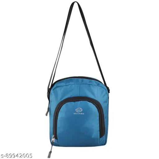 Blue bag with zip closure and strap