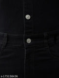 Comfy fit denim dungaree for women, solid color, three-quarter sleeves, adjustable shoulder straps, metallic button closures, four pockets, waistband with belt loops, mock fly, and 4-button closure. India-made high-waist denim jeans