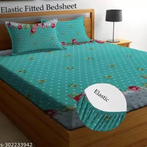 Cotton soft feel elastic fitted printed queen size double bed sheet with 2 pillow covers, brown box line - Breathable, moisture-wicking, and fast-drying cotton bed sheet set with floral pattern, ideal for summer