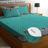 Cotton soft feel elastic fitted printed queen size double bed sheet with 2 pillow covers, brown box line - Breathable, moisture-wicking, and fast-drying cotton bed sheet set with floral pattern, ideal for summer