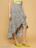 Grey crepe A-line skirt with floral print and ruffled hem, elastic waist. OOMPH women's high low style, size XS (30in/38in/32in), made in India