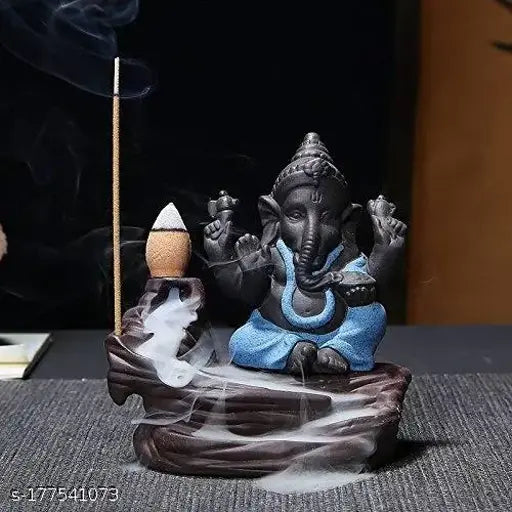 Sovincraft Poly Resin Ganesha Backflow Fountain with 10 cones, creating a smoky waterfall effect. Ceramic incense burner for peaceful ambiance. Handcrafted art from India