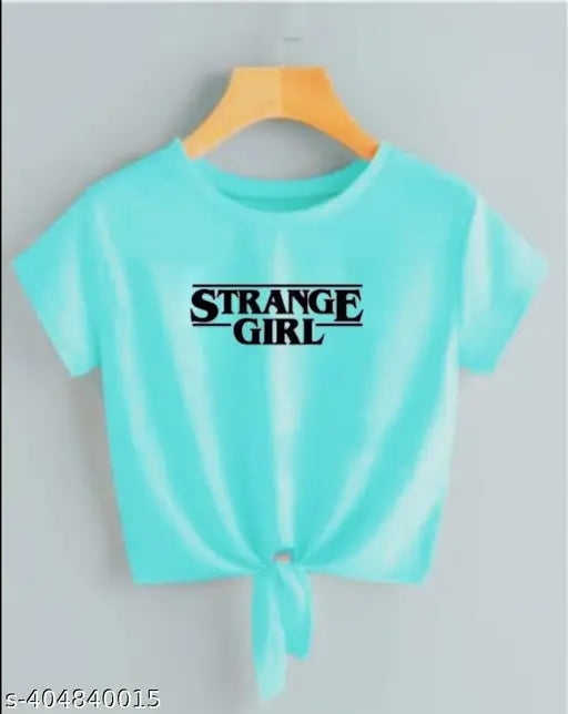 Sea Green Lycra crop top with STRANGE GRIL print, short sleeves, round neck design. Perfect casual summerwear for women