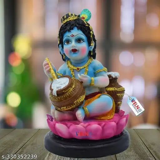 Hand-painted polyster resin Krishna statue, Big Maakhan Chor baby Krishna stealing butter, Indian art for home decor or altar worship