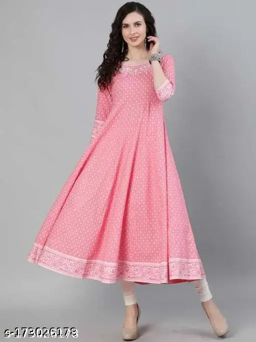 Red rayon Anarkali embroidered kurta, three-quarter sleeves, calf length - Indian fashion staple for any season