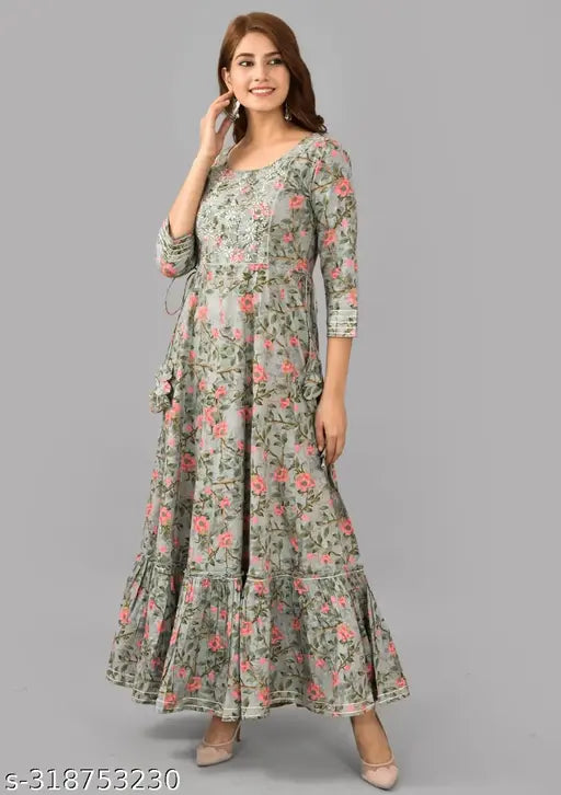 Flower embroidered printed anarkali kurta with deep neck