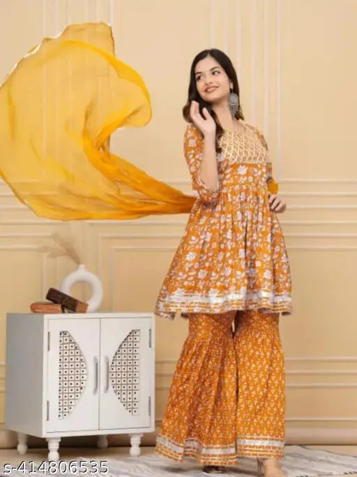 Womens rayon embroidered anarkali kurti set, traditional sharara and dupatta