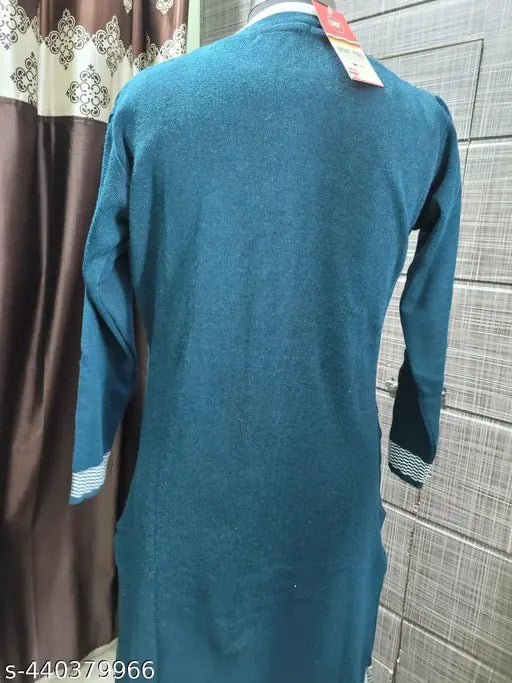 Navy blue cotton long kurta with long sleeves and straight neckline