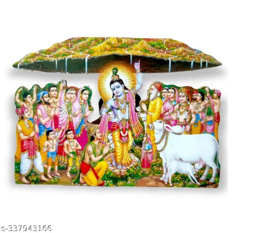 Wooden MDF Krishna idol for Janmashtami decoration, multi-colored with laddu and gawal. Perfect for home mandir worship