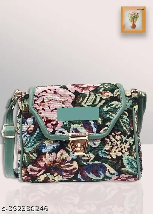 Jute print net sling bag with 3 compartments, free size (6in x 9in x 3in), affordable for women and girls. Stylish crossbody bag from India