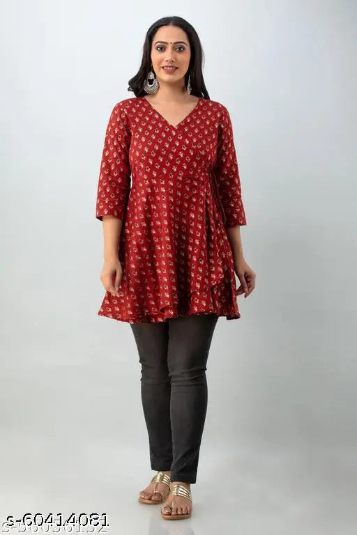 Cotton three-quarter sleeve printed Angrakha tunic, Indian traditional style clothing for M (36 in), L (38 in), XL (40 in), XXL (42 in) parties or occasions