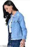 Blue denim long-sleeved teen patti jacket for women by Inssha, solid pattern, size S (34in bust, 21in length)
