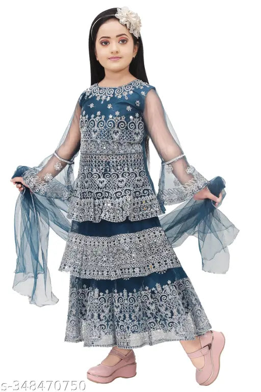 Exquisite net embroidery long-length lehenga party wear for girls, available in various colors and sizes (4-5 Years - 10-11 Years). Net blouse with dupatta included, elegant and intricately designed, made in India