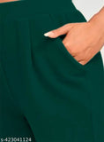 Green casual polyester blend trousers, mid-waist with 2 side pockets