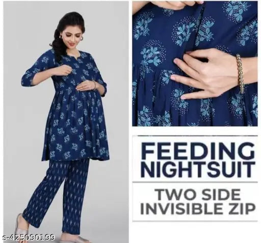 Cotton pyjama set with printed net pattern, three-quarter sleeves, sizes S-XXL. Made in India