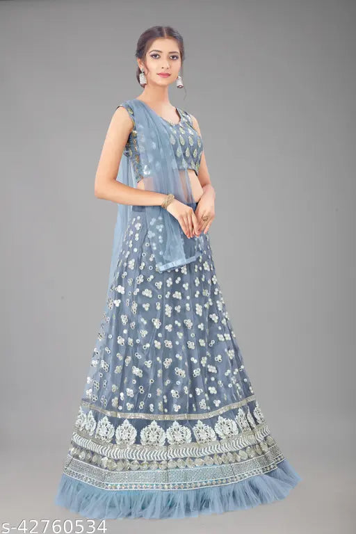 Grey net sequinned Adrika attractive women's lehenga set, semi-stitched (41in waist, 42in length), embellished choli and dupatta