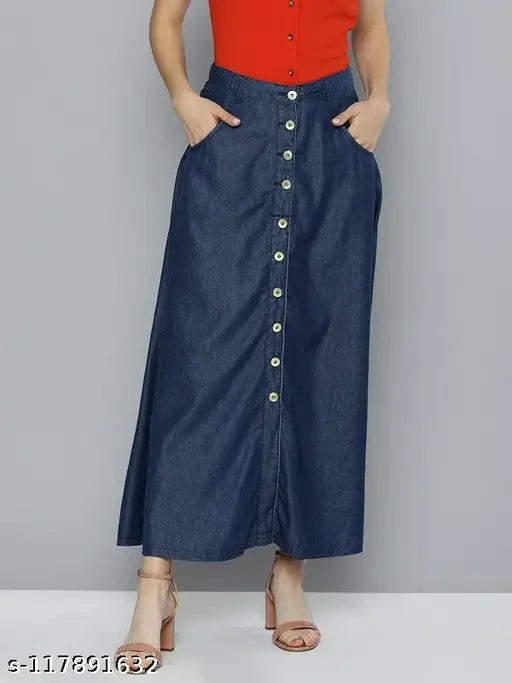 Casual blue denim skirt, solid pattern, versatile fit, sizes from 26-44 inches, made in India