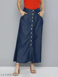 Casual blue denim skirt, solid pattern, versatile fit, sizes from 26-44 inches, made in India