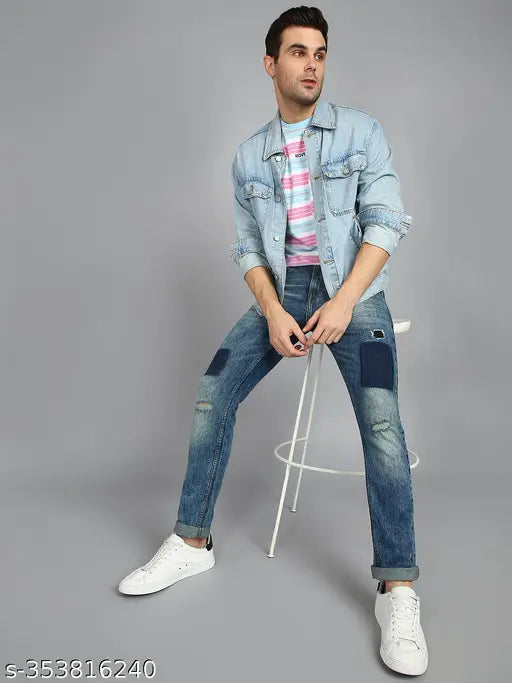 Light Blue Cotton Blend Dyed/Washed Jeans for Men - Urbano Fashion's Slim Fit Shaded Spray & Whisker washed Mild Distressed Stretchable jeans