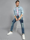 Light blue dyed wash denim jeans, urban men's fashion style