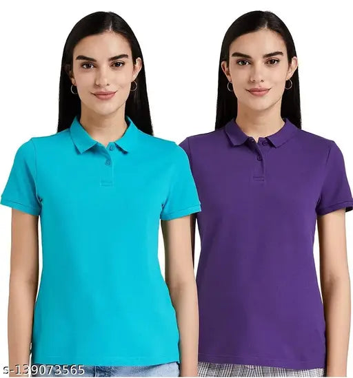 Purple & Turquoise Women's Regular Polo T-Shirt (Pack of 2), cotton blend with short sleeves, machine washable