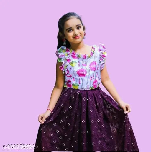 Baby Girls New Latest Satin Choli with Rayon Lengha, short sleeves, printed top & embroidered lengha, stitched detailing. Indian traditional outfit for girls aged 2-14 years