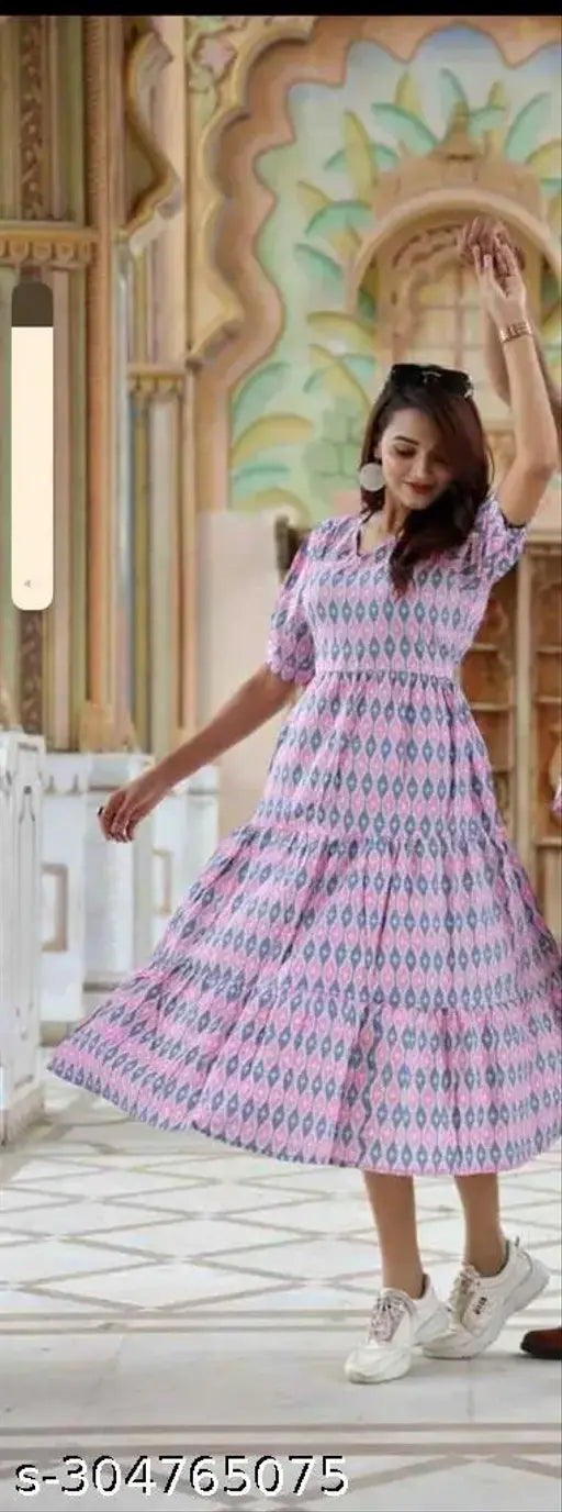 Long sleeved cotton block print one piece kameez woman's dress
